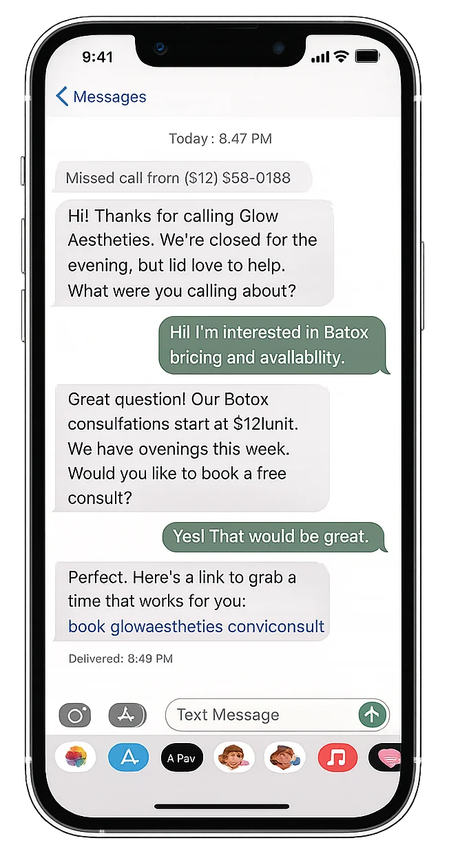 Auralede SMS conversation on iPhone — missed call automatically followed up